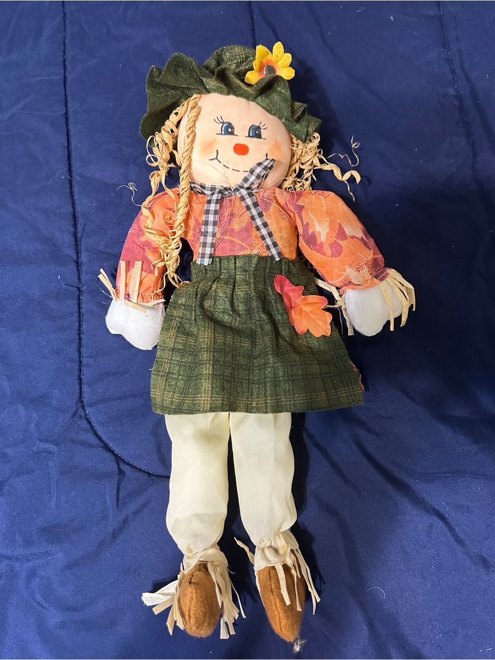 17" Autumn Harvest Fabric Scarecrow Girl Plush Doll Shelf Sitter